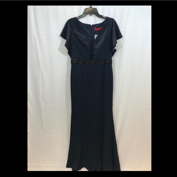 NEW $480 Carmen Marc Valvo Draped & Beaded‎ Gown in Midnight Blue [SZ 10 ] - Picture 2 of 8